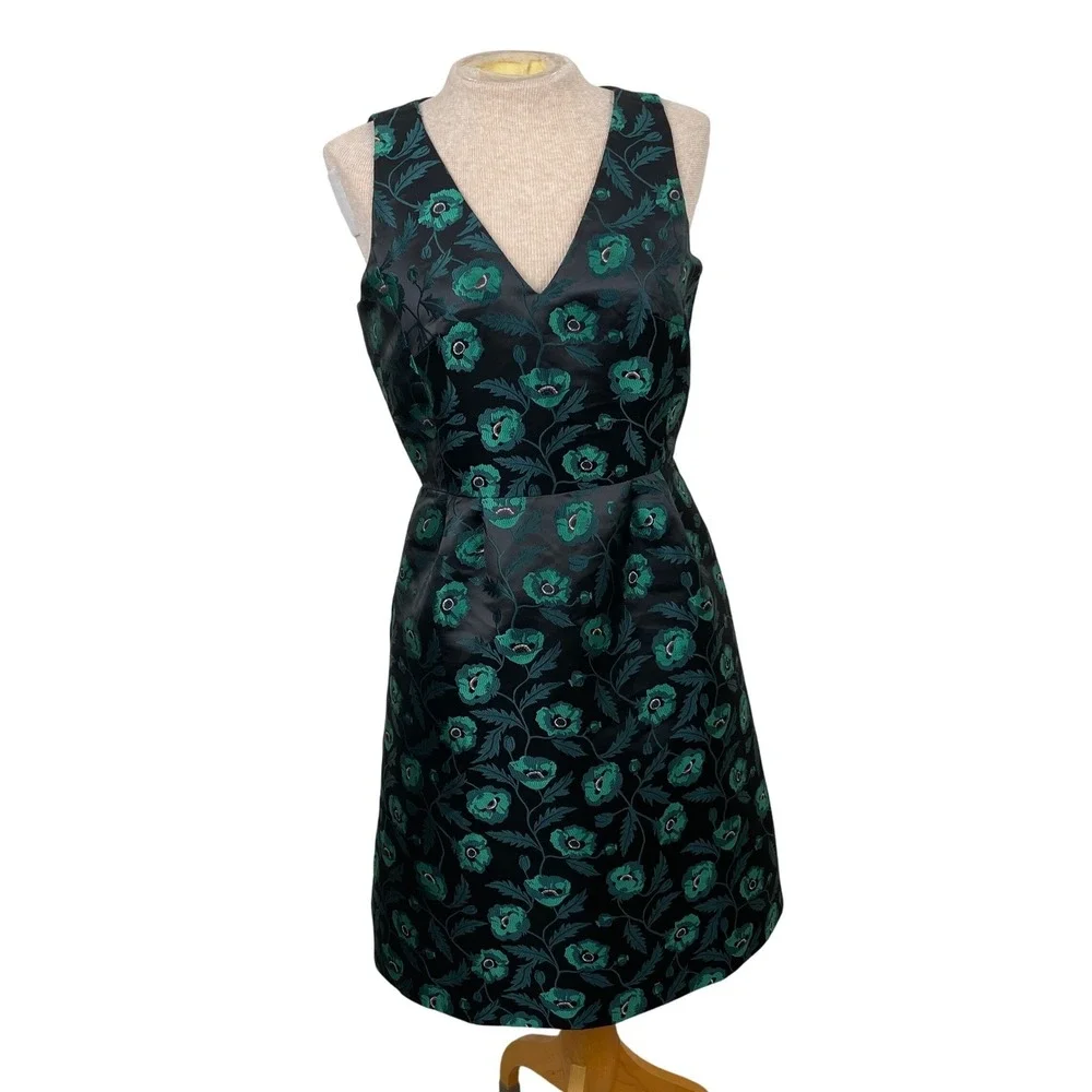 J‎ Crew Dress Floral Jacquard Sleeveless V Neck Black Green Size 2